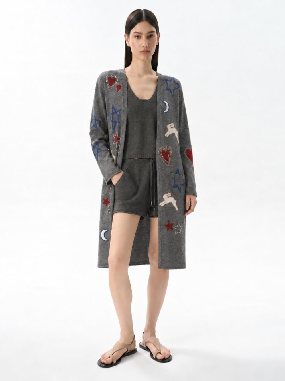 Sisley Rabbits Hearts Stars Moons Wool Blend Long Embellished Knit Cardigan